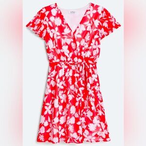 Poppy red dress, cinch waist, tulip hemmed, partial lined with flutter sleeves.